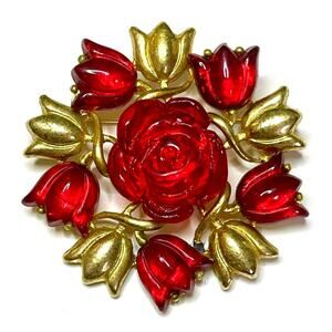 Vintage Brooch Red Glass Rose Rhinestone Vtg Estate Costume Jewelry Pin Lot AU02
